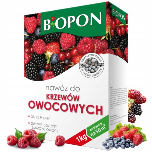 NAWÓZ DO KRZEWÓW OWOCOWYCH TRUSKAWEK MALIN JEŻYN ŻURAWINY BIOPON 1kg / 50m2