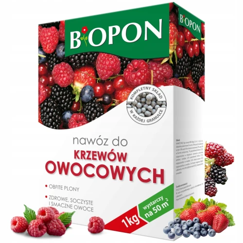 NAWÓZ DO KRZEWÓW OWOCOWYCH TRUSKAWEK MALIN JEŻYN ŻURAWINY BIOPON 1kg / 50m2